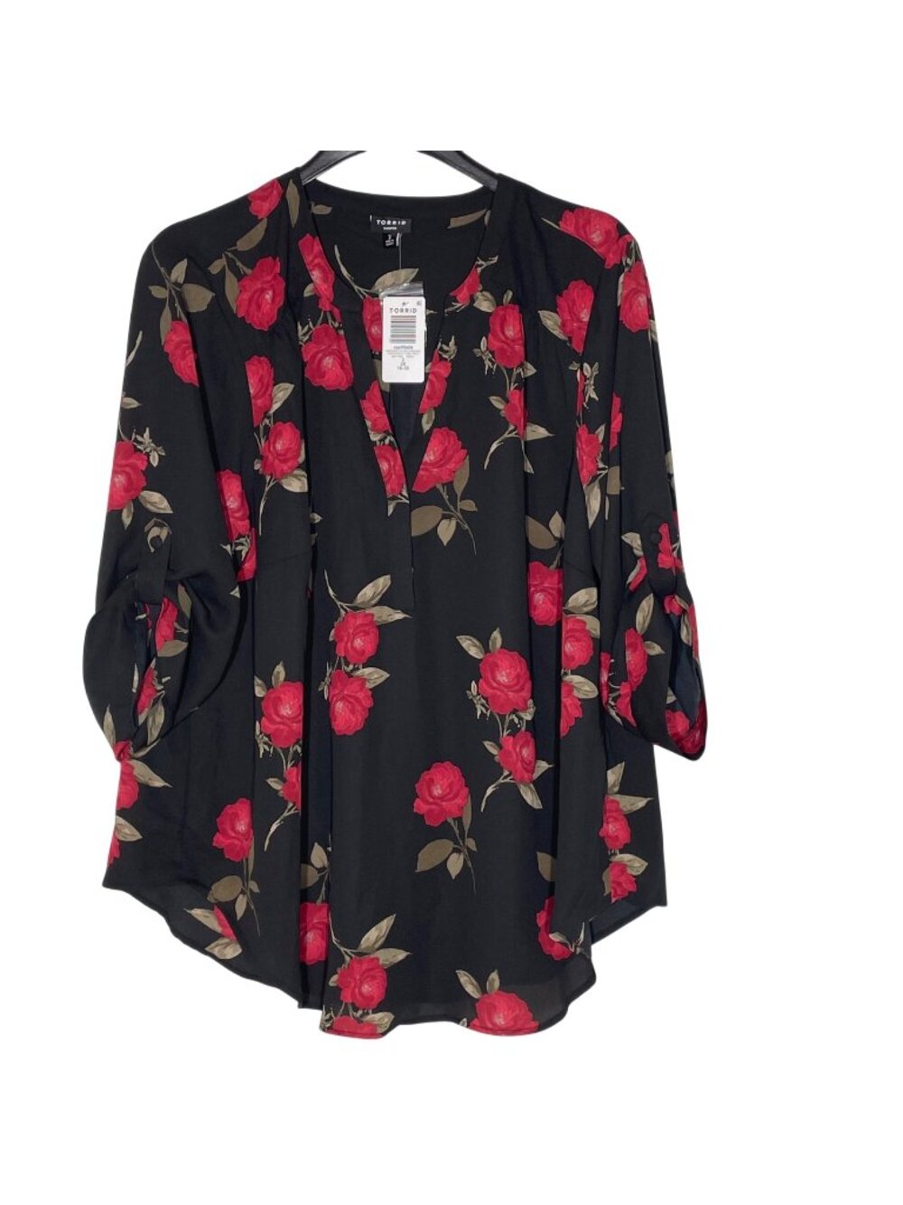 Torrid Harper Georgette Dark Floral Rose Blouse Sz 2X Whimsigoth Roll Tab Sleeve